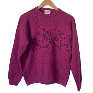 Vintage Mister Leonard wool blend magenta knit embroidered floral sweater Small